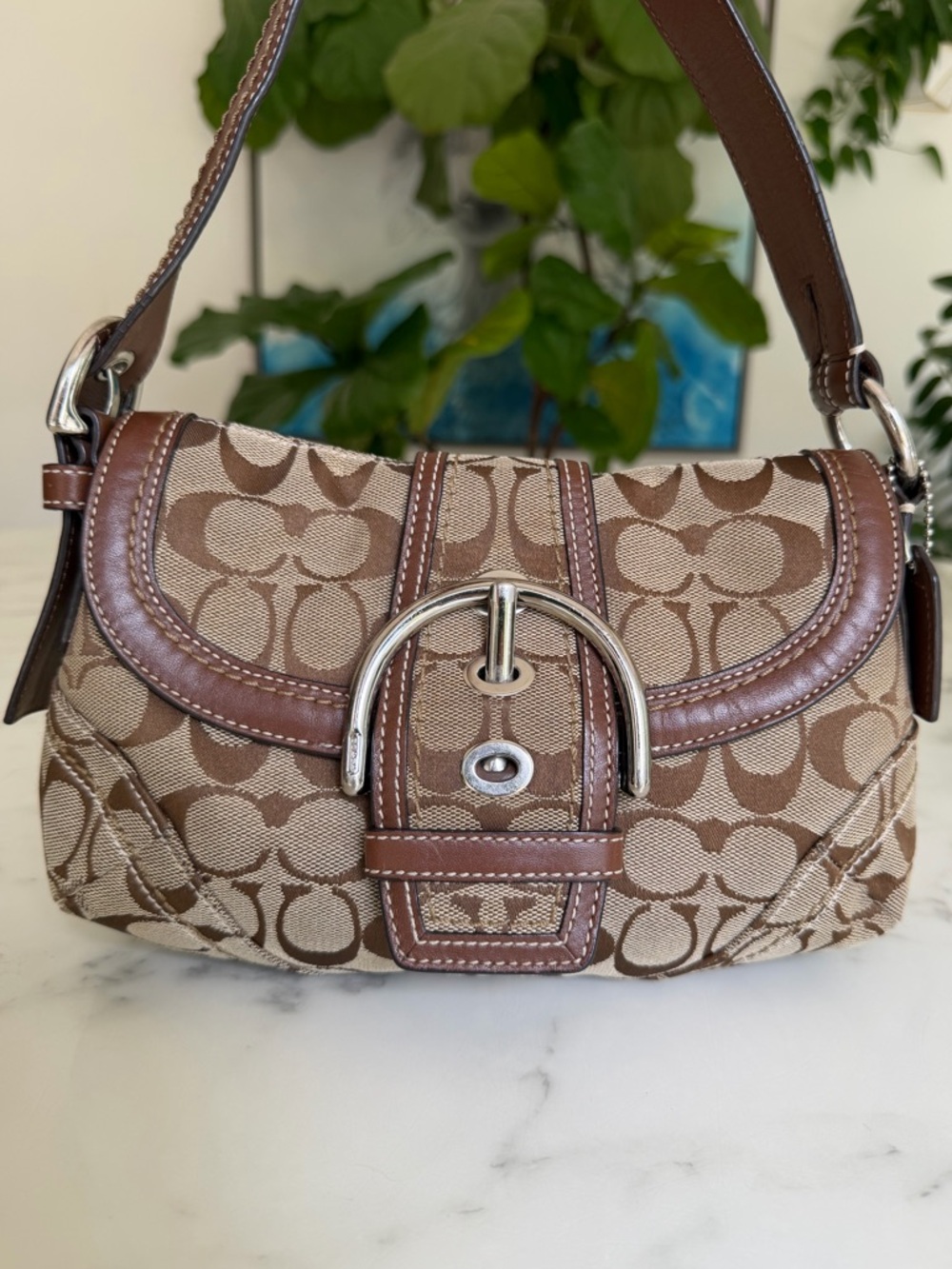 COACH Vintage Y2K Soho Signature Small Flap Buckle Shoulder Bag 10296 Brown Tan - Picture 2 of 16